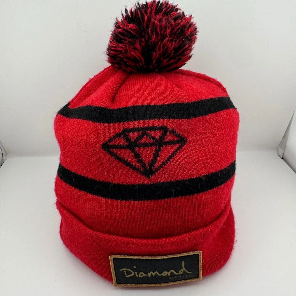 Diamond Supply Co Beanie OS Red Black Good Striped Pom Pom Cuffed Knit Hat